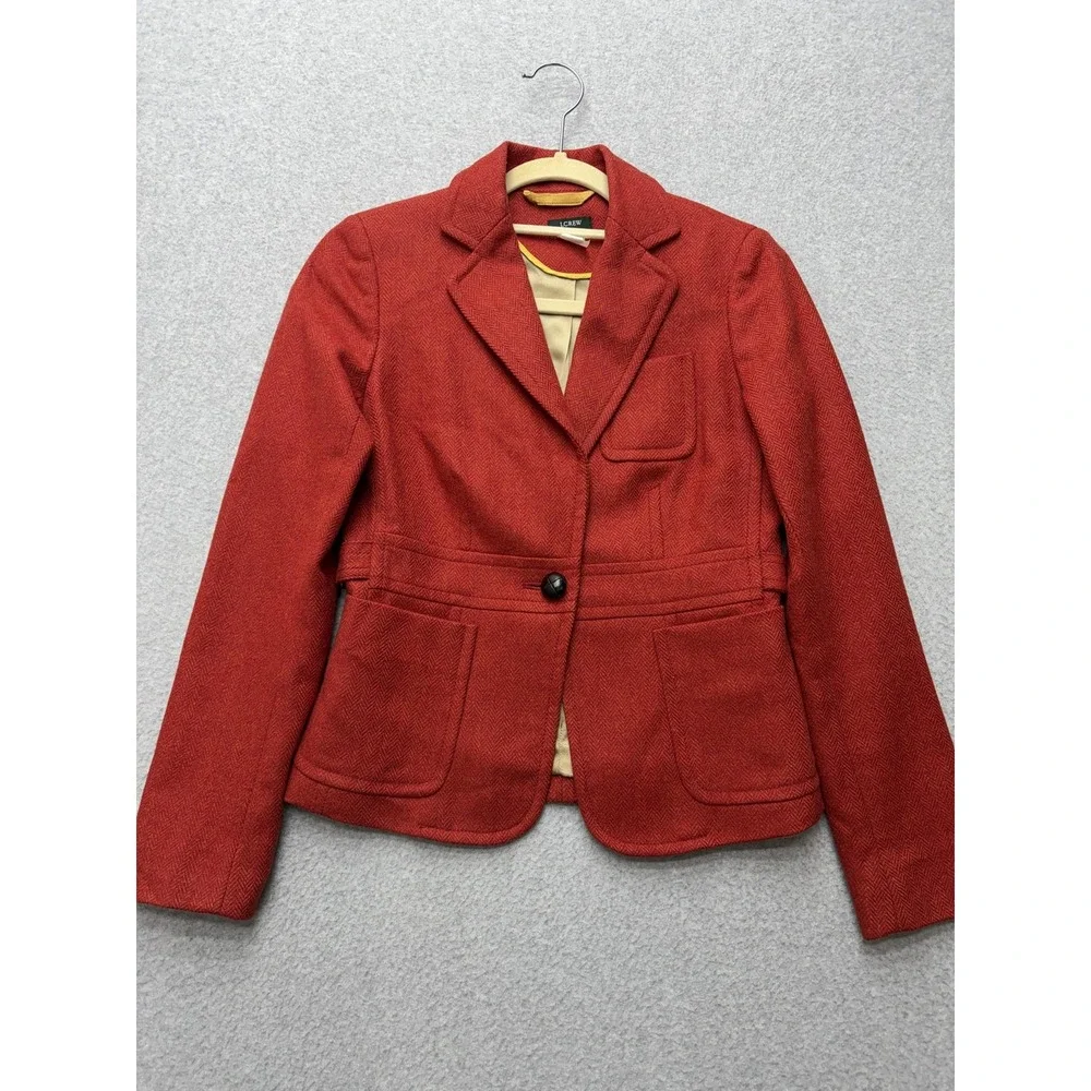 J.Crew Blazer Womens 0 Red‎ Herringbone Wool Tweed One Button Lined Robert Noble